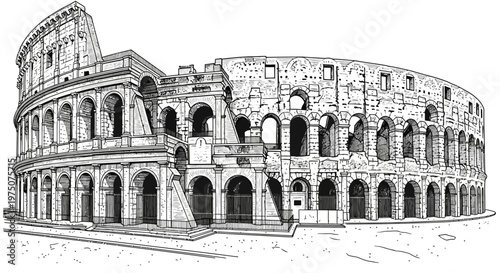 Detailed Line Art Illustration of an Ancient Grand Amphitheater. Historical Roman-style Architecture, iconic ruin landmark sketch.