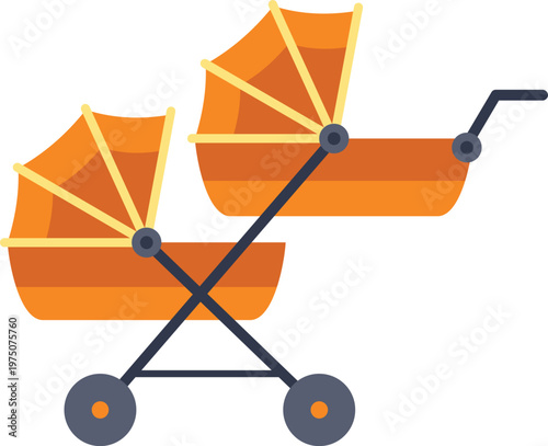 Orange tandem baby stroller icon representing twins and family concepts