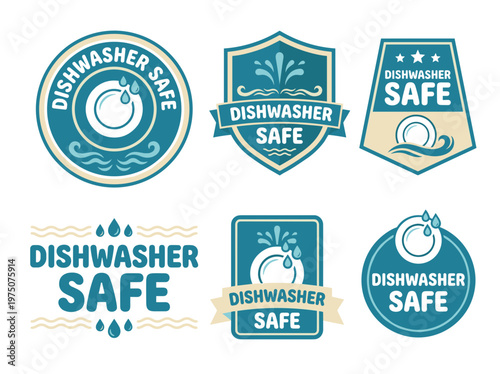 Professional Dishwasher Safe Certification Badges, Household Product Icon and Symbol Vector Collection
