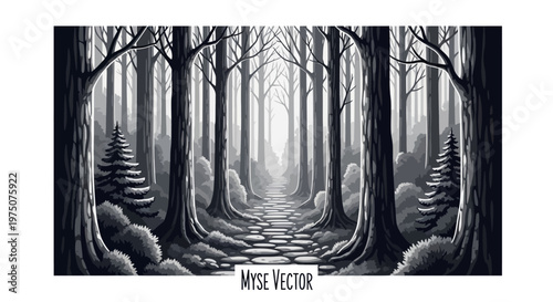 Mysterious bare tree forest path in grayscale. Atmospheric woodland landscape vector illustration with a winding stone trail.