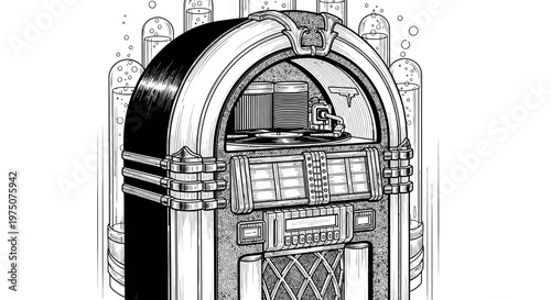 Classic Vintage Jukebox Engraved Illustration. Retro Music Player with Record. Old-Fashioned Black and White Entertainment.