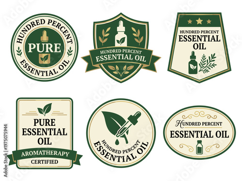 Essential oil product label emblem set, botanical herbal dropper bottle badges, gold green aromatherapy seals