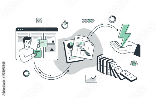 Business strategy and project management concept with domino effect and lightning bolt