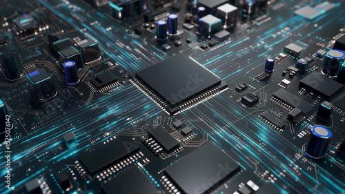 Motherboard Processor Chipset with Glowing Neural Data Transfer. Future AI Technology. Powerful Quantum CPU Artificial Intelligence.