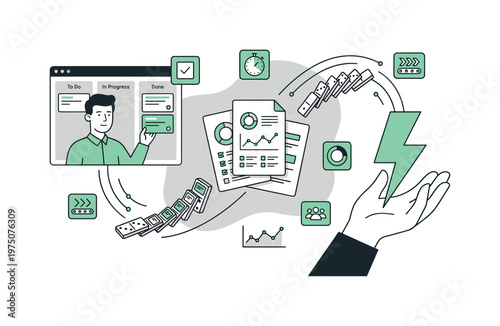Agile project management concept with Kanban board and domino effect illustration