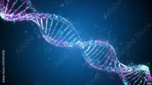 Human DNA genome double helix animation. Concept of future biotechnology, medicine, genetic engineering, research. Colourful DNA particles isolated on the blue gradient background