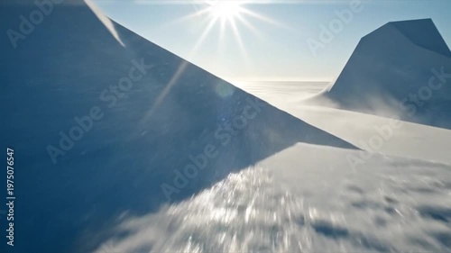 Stunning View of Geometric Iceberg Formations Surrounded by Sweeping Winds Across a Vast Polar Landscape