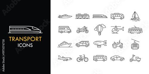 Transport line icon set, outline vehicle icon collection containing train, bus, airplane and more, vector illustration in line style