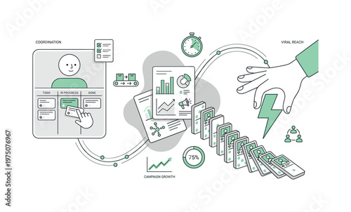 Business strategy and viral reach illustrated with project management and domino effect