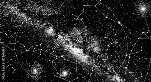 Cosmic night sky with shining stars, constellations, and distant galaxies. Abstract universe background for science and astronomy.