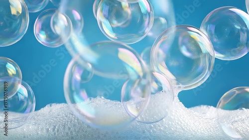 Iridescent Bubbles Floating on Colorful Blue Background. Bubbles Falling on the Soap. Spa, Wellness, Skincare, Beauty