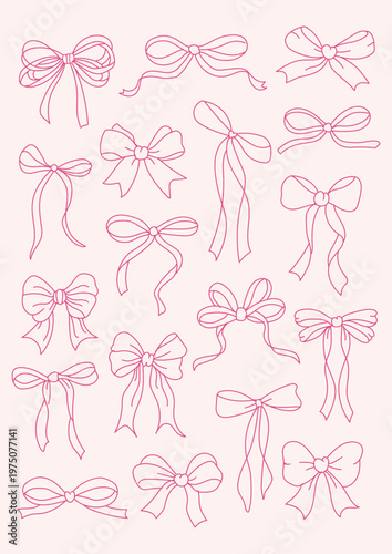 Hand drawn red bows and hearts collection, coquette aesthetic ribbon doodle sketch elements isolated on pink background for valentines day design