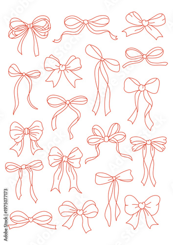 Hand drawn red bows and hearts collection, coquette aesthetic ribbon doodle sketch elements isolated on pink background for valentines day design