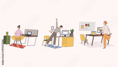 Office wellness and productivity lifestyle scenes illustration bundle