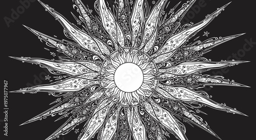 Intricate Celestial Starburst Mandala Illustration. Detailed Radial Fantasy Art with Organic Elements on Black Background