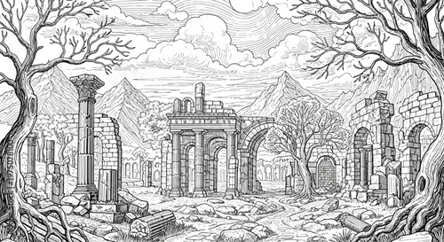 Hand-drawn illustration of ancient ruins in a historical fantasy landscape with mountains, bare trees, and crumbling architecture