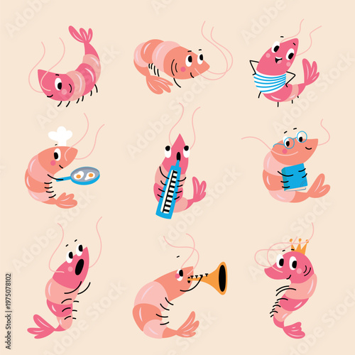 Cartoon shrimp characters. Funny seafood, shrimps play music, cooking, reading. Children mascots, nautical underwater animals, nowaday vector set