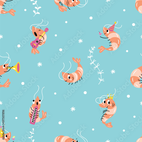 Shrimps seamless pattern. Funny shrimp characters, underwater sea animals. Childish nursery print, for fabric, textile, wallpaper design, nowaday vector background
