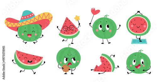 Cartoon watermelon. Adorable watermelons happy, angry, keep calm, crazy. Funny seasonal fruits different poses, children mascots, fresh food, nowaday vector clipart