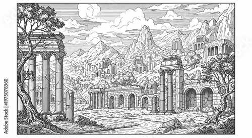 Epic fantasy landscape illustration of ancient ruined city with classical architecture, columns, and forgotten temples in mountains.