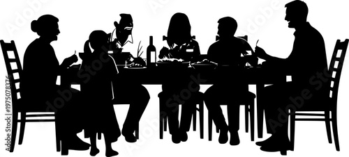 Authentic Multi-Generational Family Sharing Dinner in Sunlit Kitchen, Candid Lifestyle Moment with Natural Lighting and Real Home Aesthetic - Stock Vector