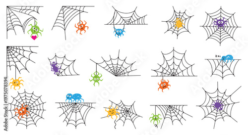 Cobweb with spiders. Funny spider on webs, different doodle insects characters. Halloween spooky design, horrible seasonal creative elements, neoteric vector set