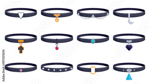 Wallpaper Mural Neck chokers. Black leather or velvet neck stripes, decorative accessories for girls with silver gold jewelry pendants. Stylish accessory sapid vector clipart Torontodigital.ca