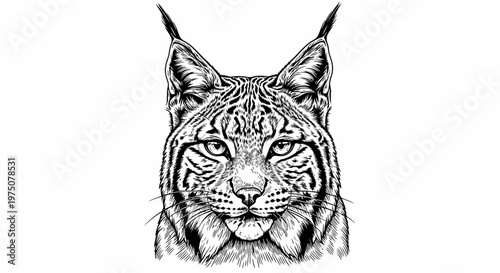 Detailed hand-drawn illustration of a lynx head, wild cat, with expressive eyes and pointed ears, black and white artistic engraving.