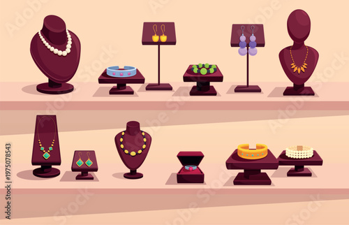 Cartoon jewelry showcase. Stands and mannequins for female accessories, rings, necklaces, earrings, bracelets with gemstones, sapid vector scene