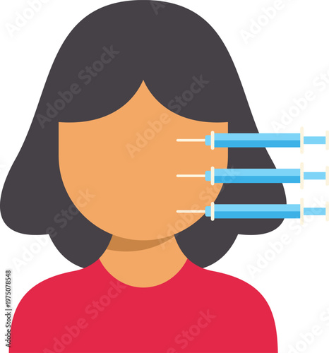 Woman's head with syringes injecting into face, symbolizing beauty and aesthetic treatments