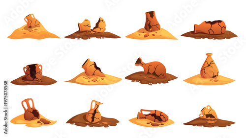 Archaeological excavations. Ancient ceramics, different old jars, vases in sand piles. Historical crockery, broken vase and cracked jugs, sapid vector elements
