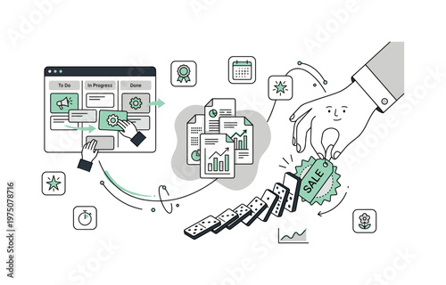 Agile project management Kanban board with sales tag and domino effect