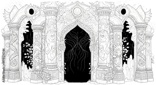 Ornate fantasy archway with intricate patterns and mysterious portal, ancient ruins line art illustration, black and white decorative gate