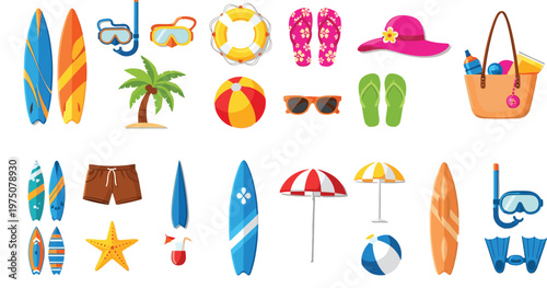 Summer Beach Set with Surfboards, Sunglasses, Beach Balls, and Accessories for Vacation, Travel, and Holiday Designs