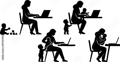 Working mother with children silhouette set, mom using laptop and caring for kids, work life balance concept vector