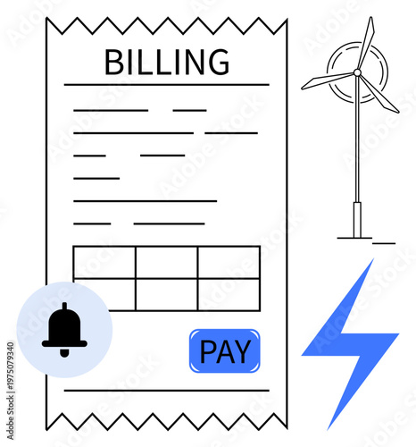 Energy management, eco-friendly solutions, renewable resources, financial planning, green energy, payment services. A billing receipt with wind turbine and lightning icons. Energy management