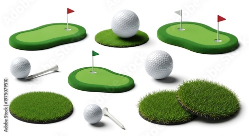 Compilation of golf elements including golf balls, tees, greens with flags, and grass patches