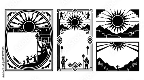 Andean sun poster collection with landscape and ritual motifs