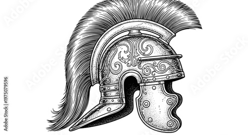 Detailed engraved illustration of an ancient warrior helmet with a plumed crest, vintage style hand-drawn historical headgear