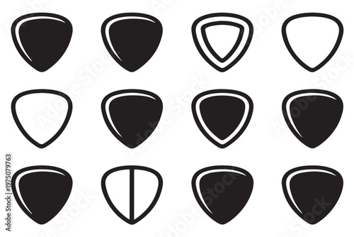 Guitar pick vector icons featuring various shapes and styles for musical instrument accessories design set in black monochrome silhouette look