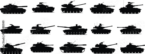 Military tank silhouettes collection, armored combat vehicles set, army battlefield war machines vector illustration