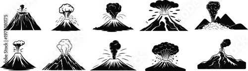 Volcano eruption silhouettes set, explosive lava blast icons, volcanic activity vector illustration collection