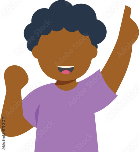 Young black boy clenching fist and pointing finger up, smiling with joy