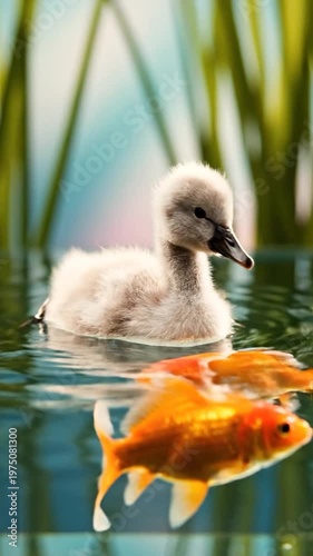 A fluffy young bird swims peacefully in a clear pond surrounded by several bright orange fish