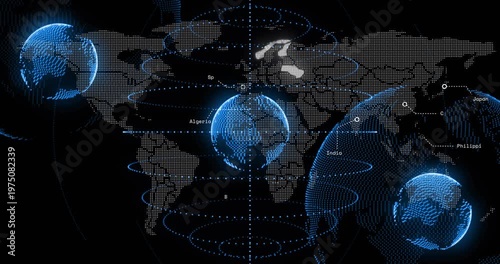 Data ping starting central blue globe rotating, highlighting countries, visualizing live updates