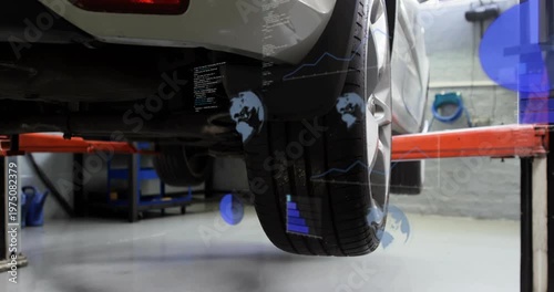 Lift arm entering frame lifting rear wheel while blue overlays expanding to show diagnostic data