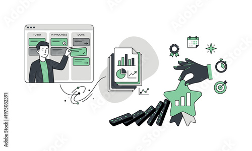 Agile project management with Kanban board, data analysis, and success metrics
