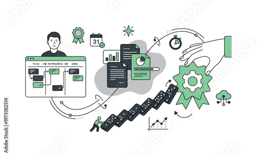 Agile project management workflow with domino effect and successful outcome