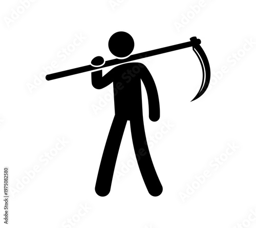 Stickman Holding Sickle – Farming and Harvest Tool Silhouette Vector Icon.