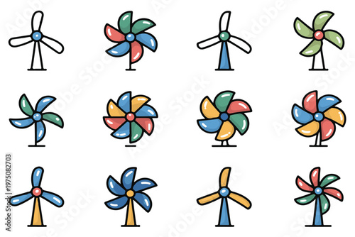 Windmill and pinwheel vector icons with colorful blades for renewable energy and toy design concepts in clean flat outline illustration style